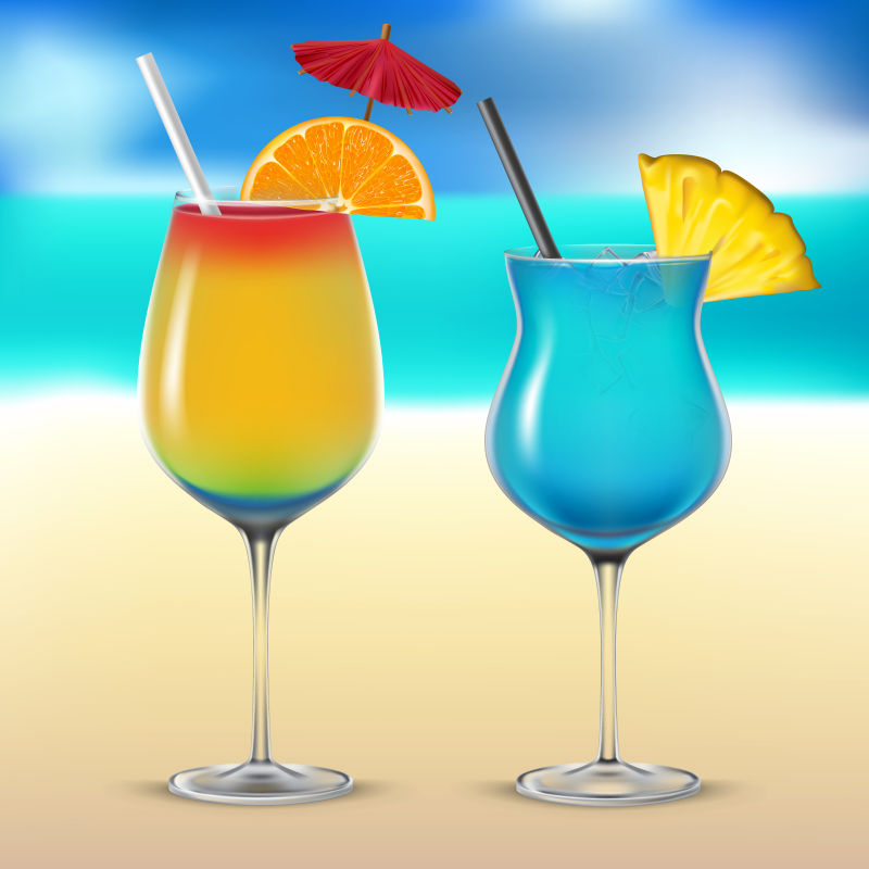 创意矢量沙滩上的鸡尾酒插图