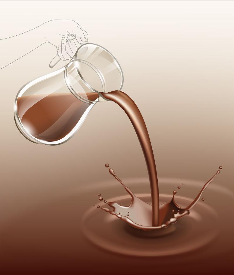 矢量矢量巧克力飞溅流从壶玻璃流出