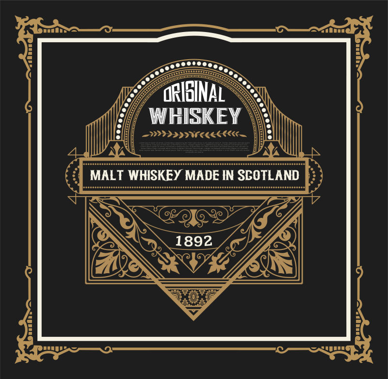 矢量复古花纹装饰的威士忌标签设计