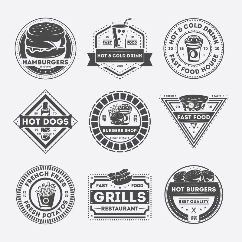 创意矢量单色快餐元素的标签设计