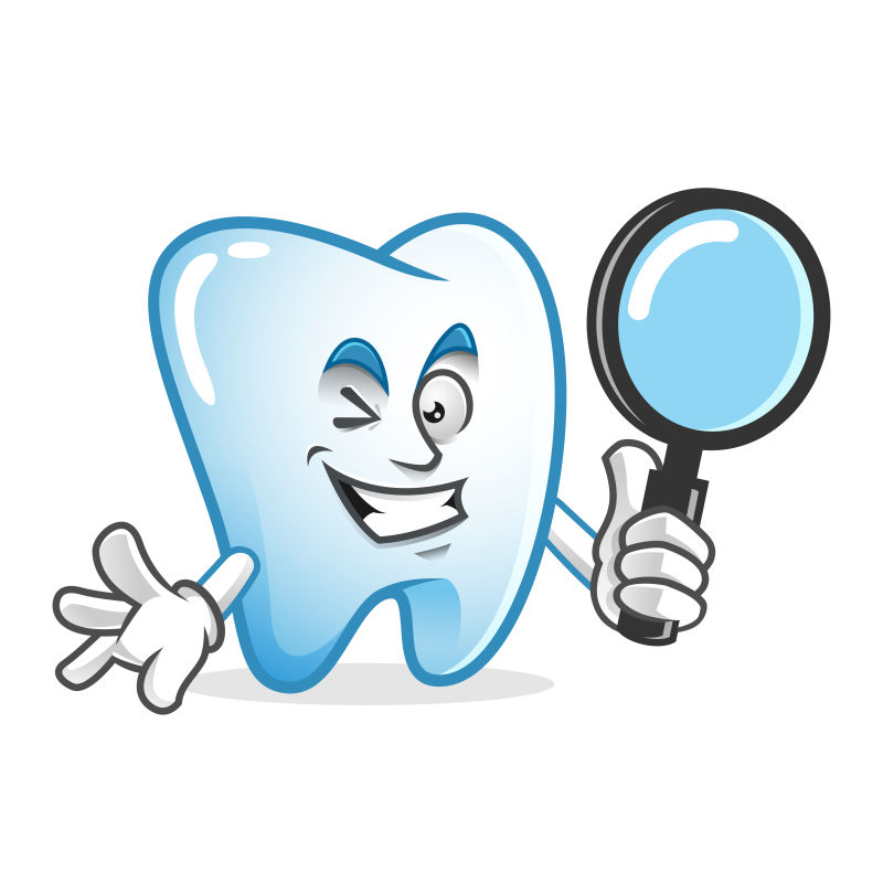 矢量拿着放大镜的卡通牙齿