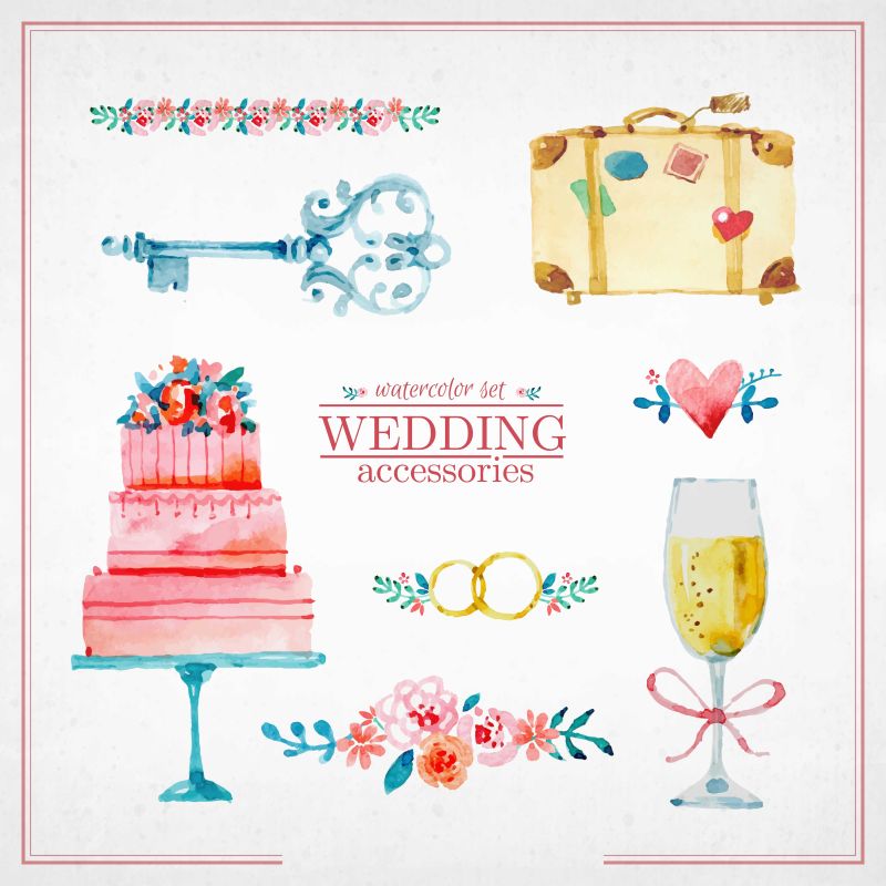 创意矢量水彩风格的婚礼元素