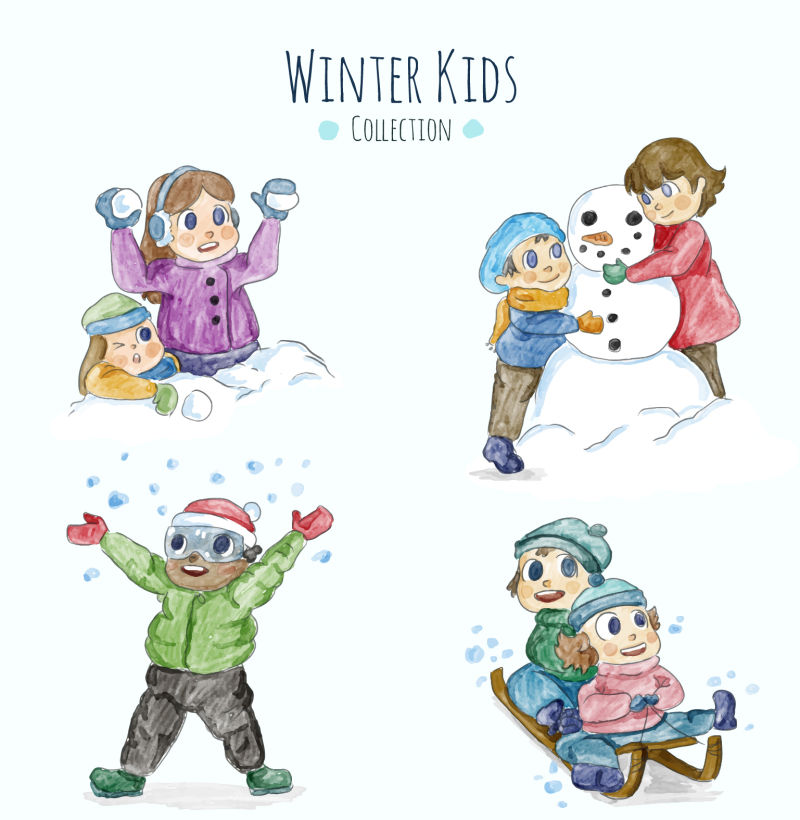 矢量在雪地里玩耍的孩子插图