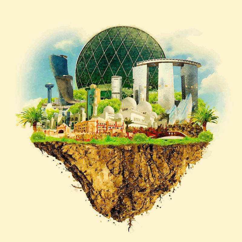  悬浮在空中的扎比市矢量插图