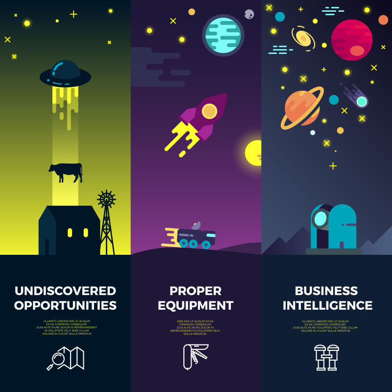 具有扁平天文和UFO图标和行星的空间矢量横幅