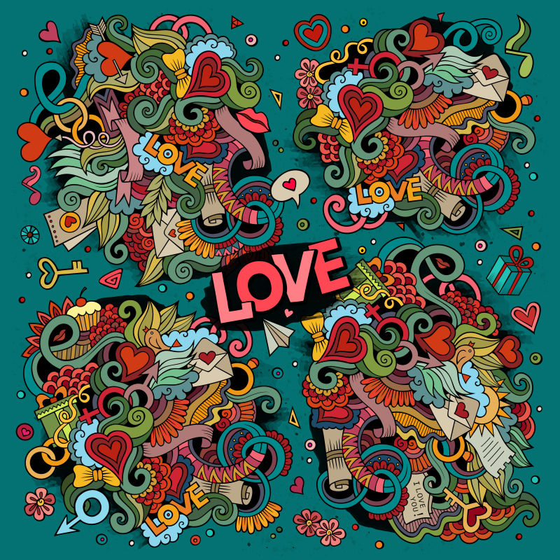 矢量爱情主题的涂鸦设计插图