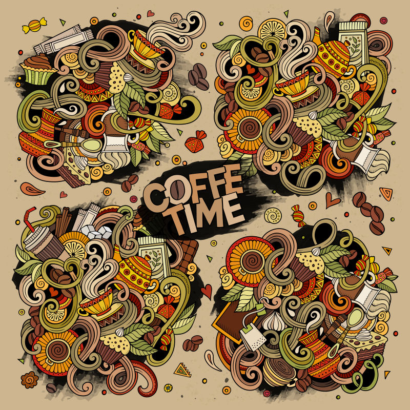 抽象矢量咖啡时光的涂鸦设计插图
