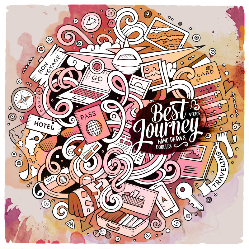 创意矢量现代涂鸦风格的旅游主题插图