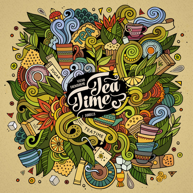 创意矢量现代喝茶时间的涂鸦设计插图
