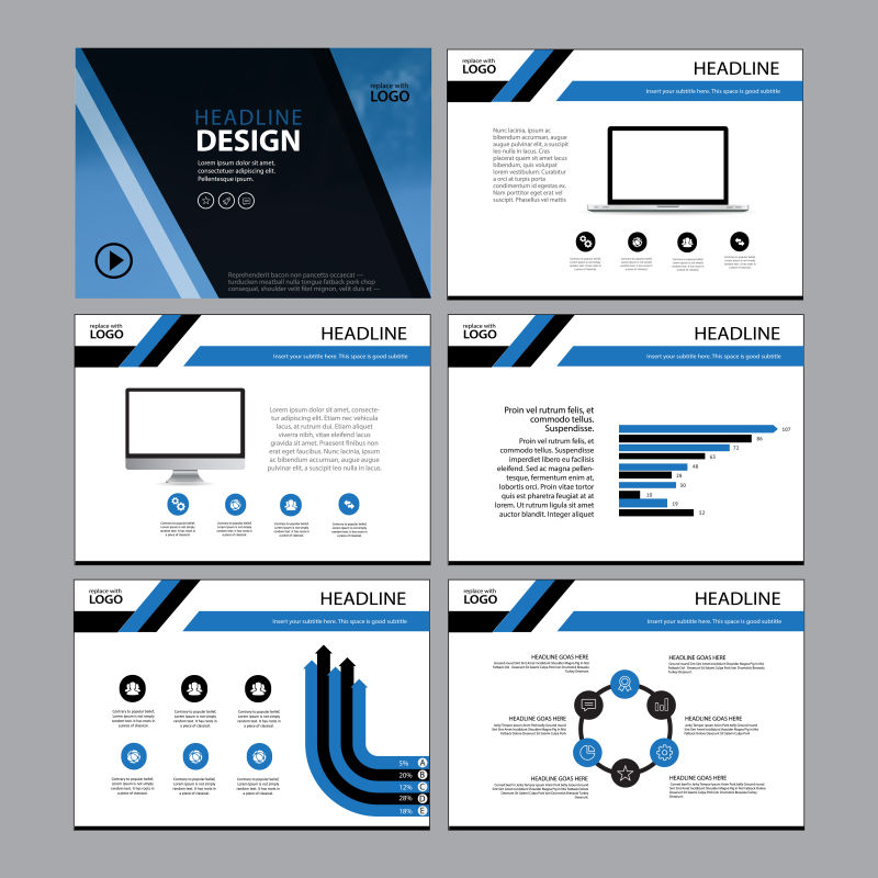 具有图表和图表的演示幻灯片的多用途蓝色矢量