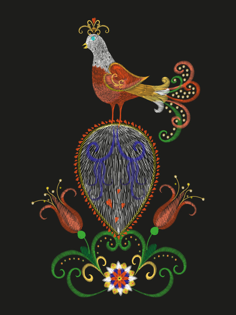 创意矢量现代彩色刺绣鸟类插图设计