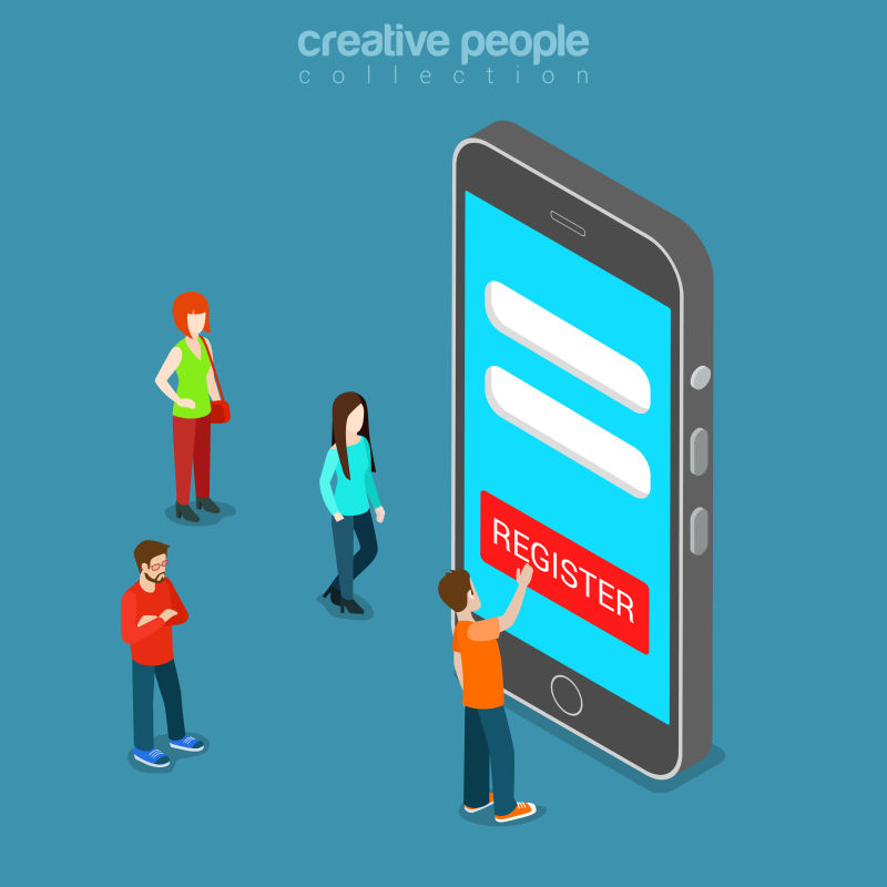 移动注册应用程序登录密码平面等距矢量3D