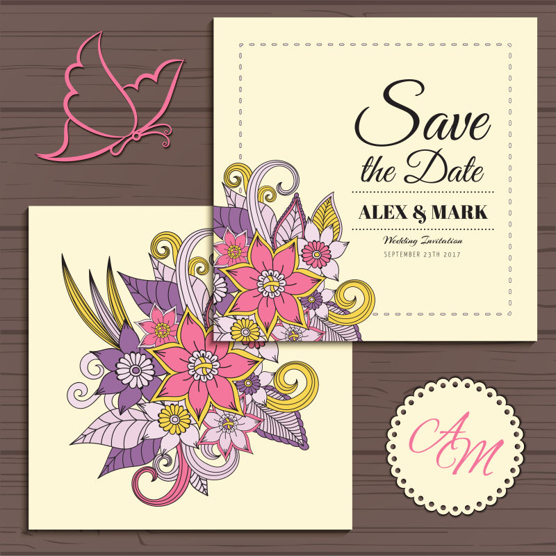 创意矢量美丽花卉元素的婚礼请帖设计