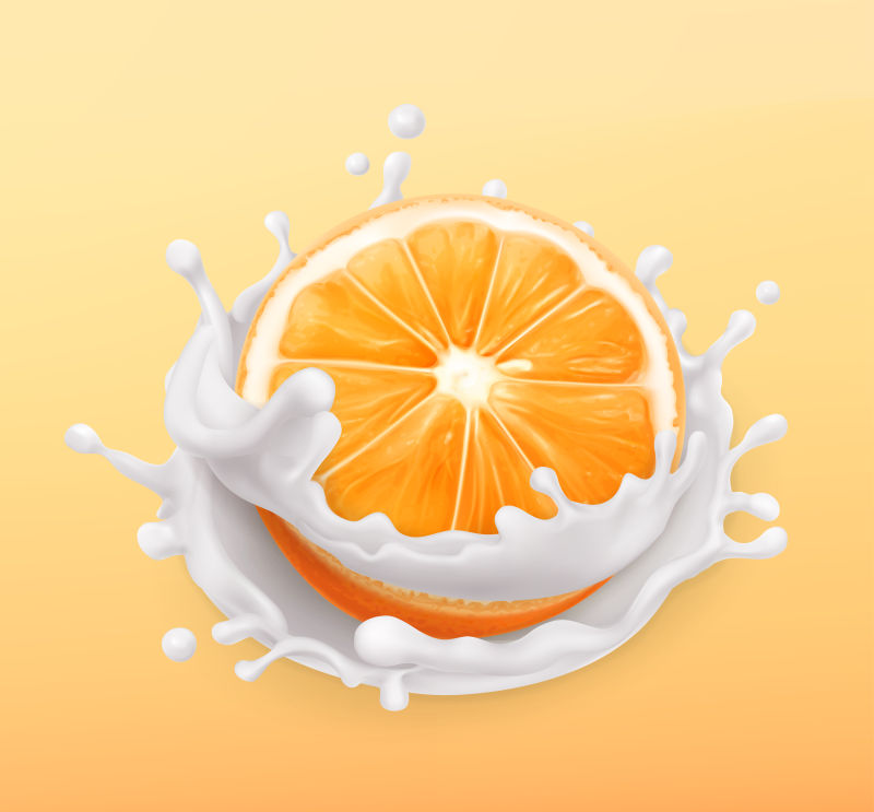 矢量橘子水果和牛奶飞溅