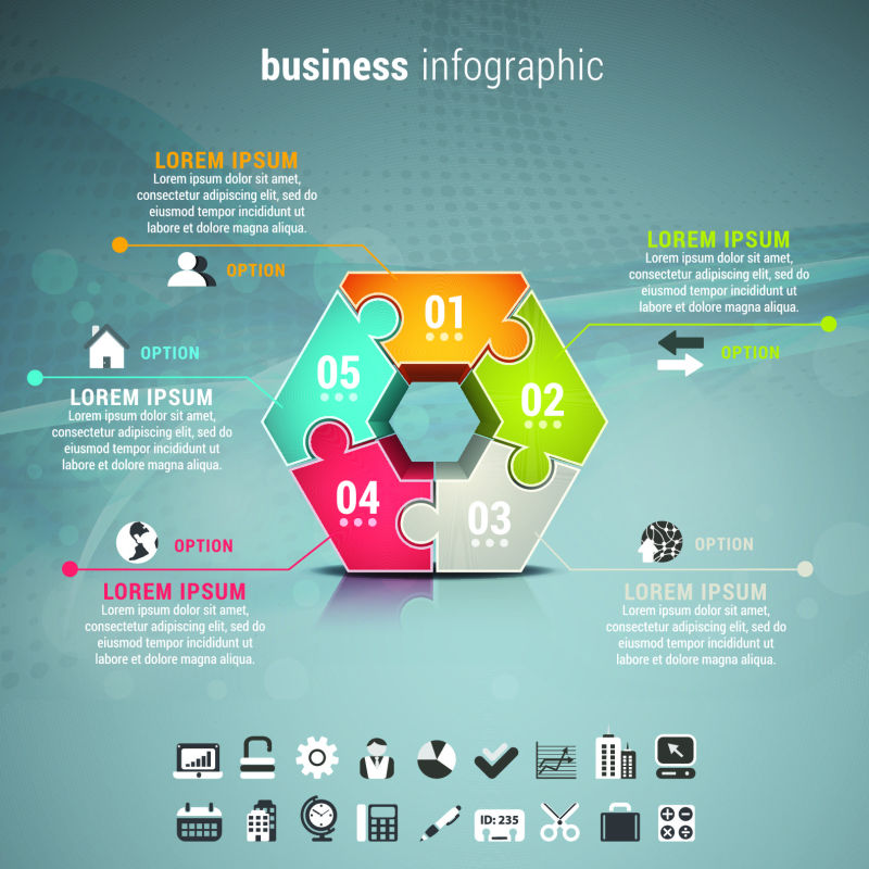抽象矢量六边形拼图元素信息图表