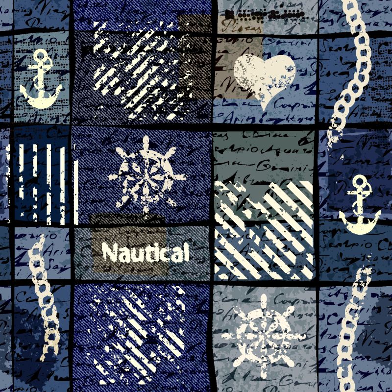 无缝背景图案-航海风格的垃圾拼贴