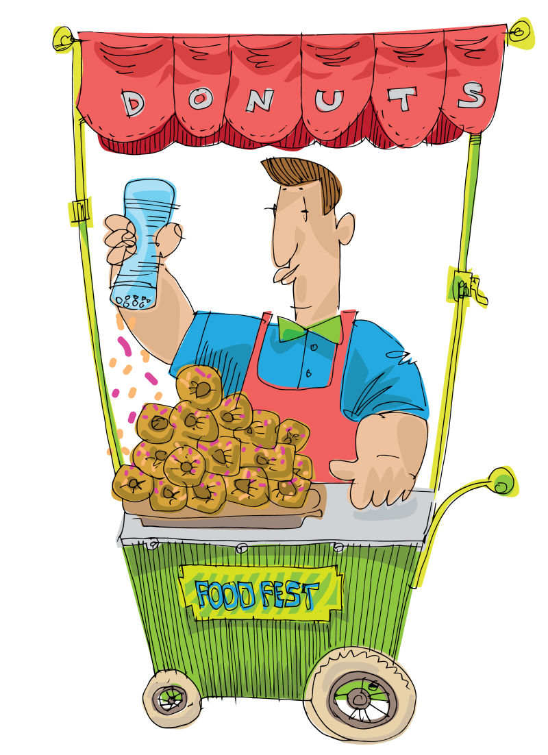 美食节小贩在可爱的手推车上卖油炸圈饼