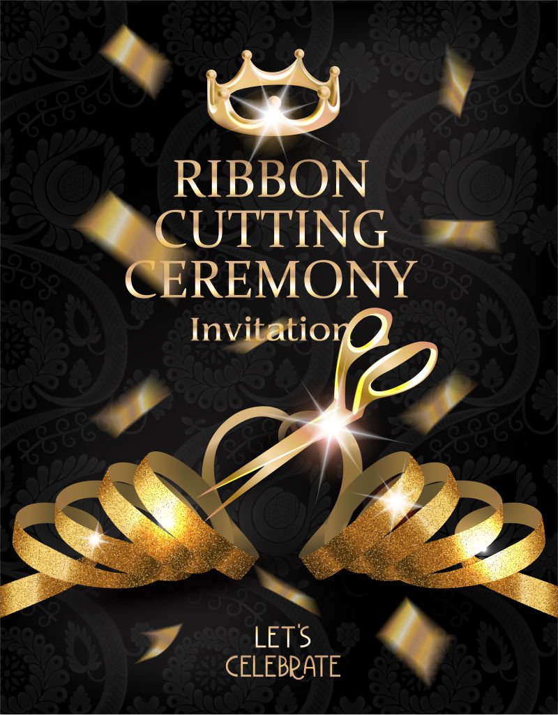 剪彩仪式卡有花卉图案背景和闪亮的卷曲的金色闪光丝带-矢量图解