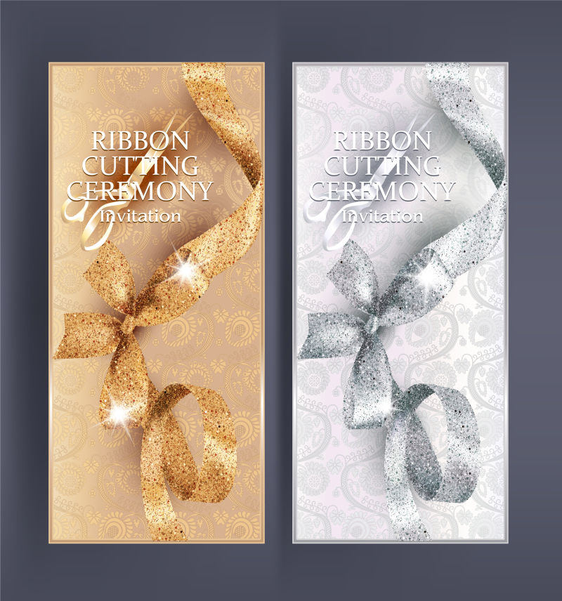 剪彩仪式旗-花型背景-带蝴蝶结的闪亮卷发带-矢量图解