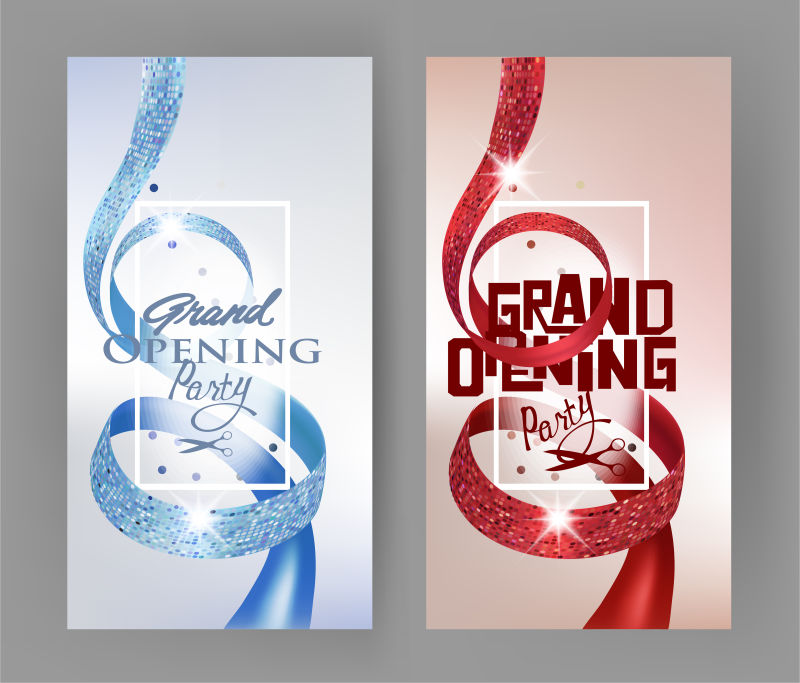 优雅的开幕式请柬-有纹理卷曲的红蓝丝带和金冠-矢量图解