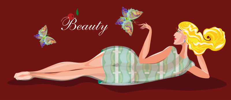 一个美丽的金发女人蝴蝶的矢量插图