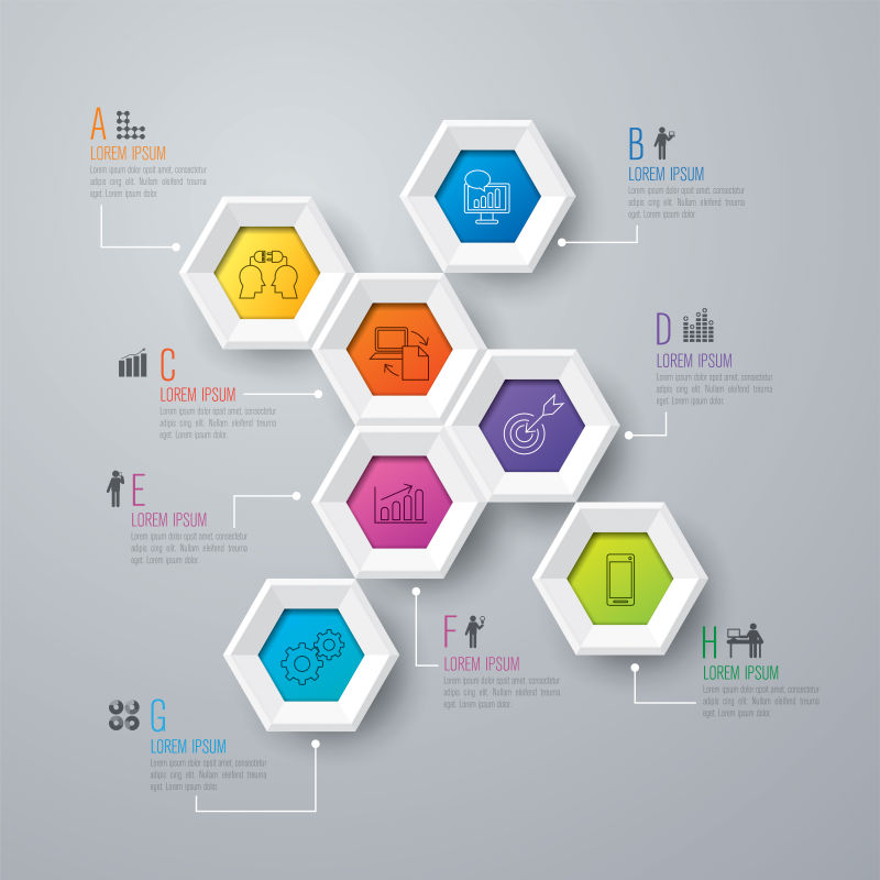 抽象彩色六边形元素的矢量三维信息图表