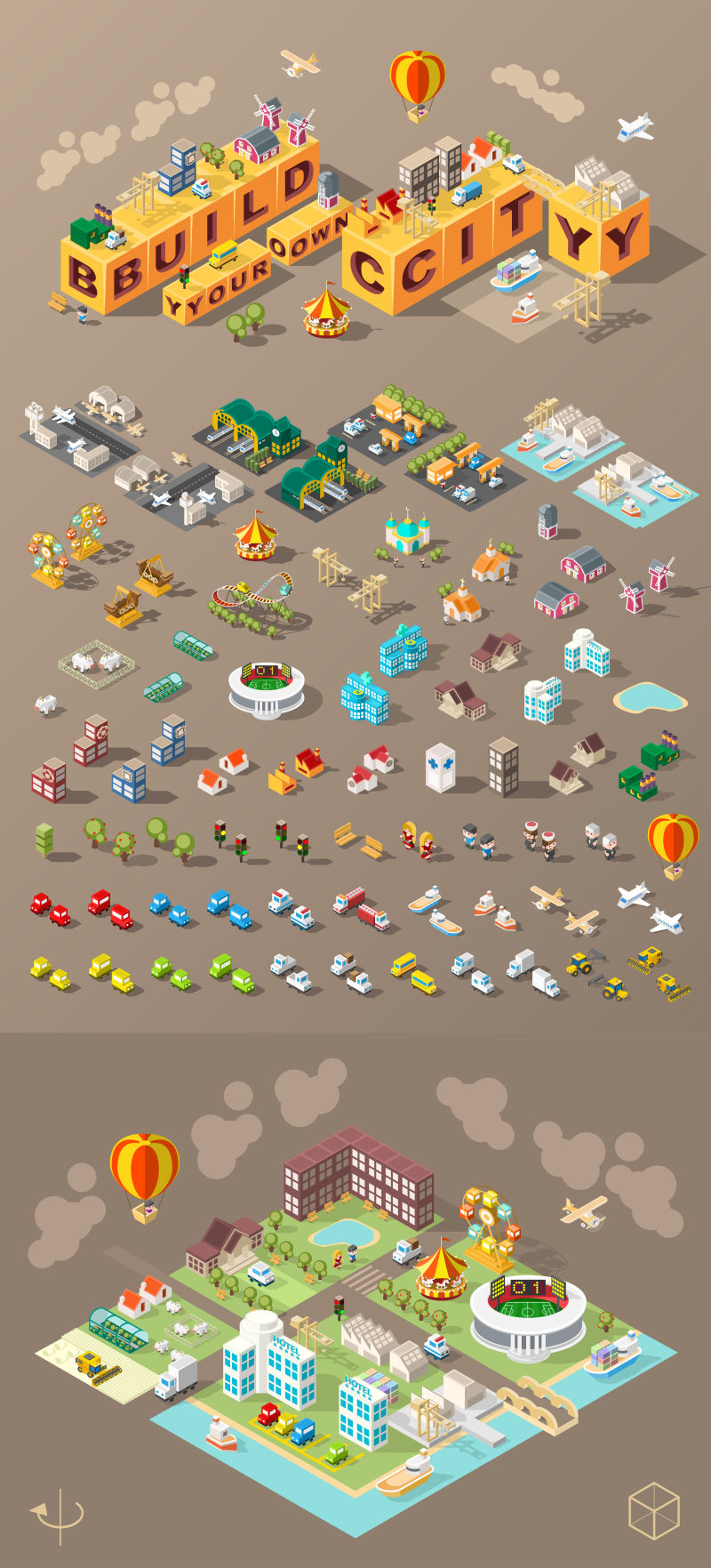 抽象矢量等距风格的城市插图