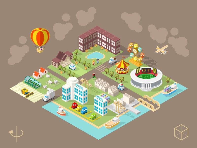 创意矢量等距风格的城市建筑群设计