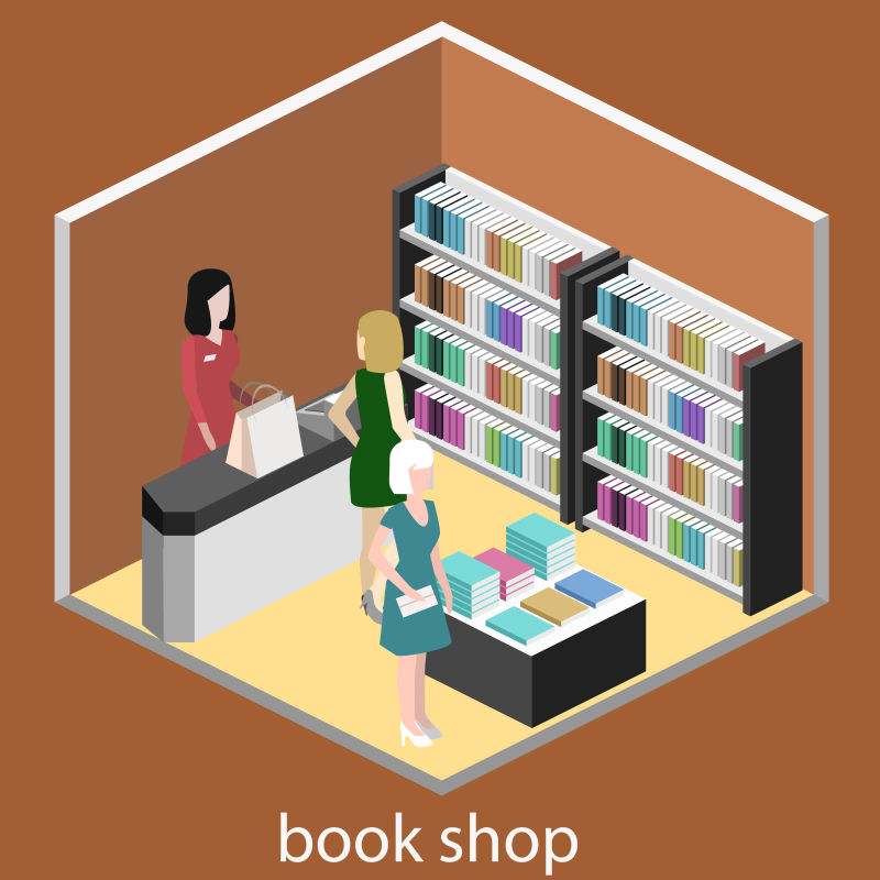 创意矢量等距的书店平面设计