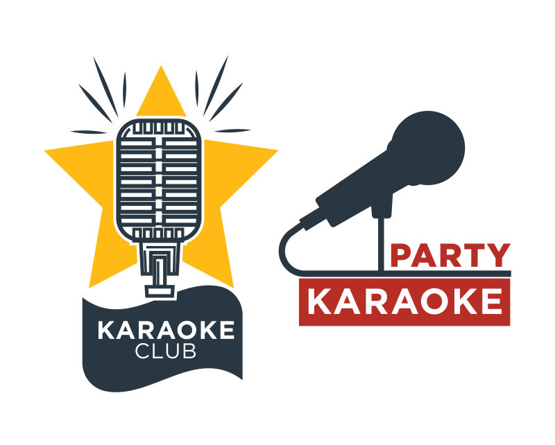 卡拉OK俱乐部和酒吧矢量标签或标志设计收集集合