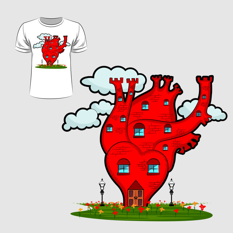 创意矢量卡通心脏的T恤图案设计