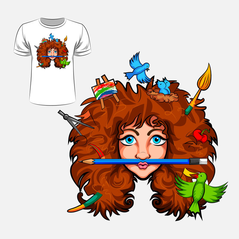 创意矢量卡通乱发女孩的T恤图案设计