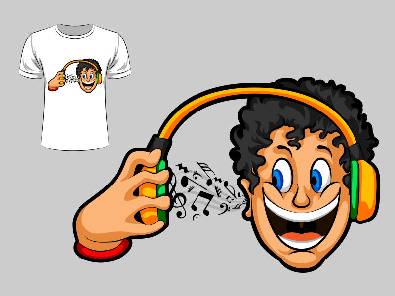 创意矢量卡通听音乐元素的T恤图案设计