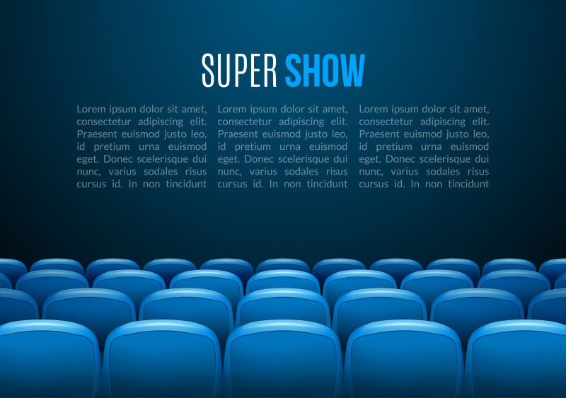 有蓝色座位的电影院首映事件模板超级展示设计文本呈现的概念