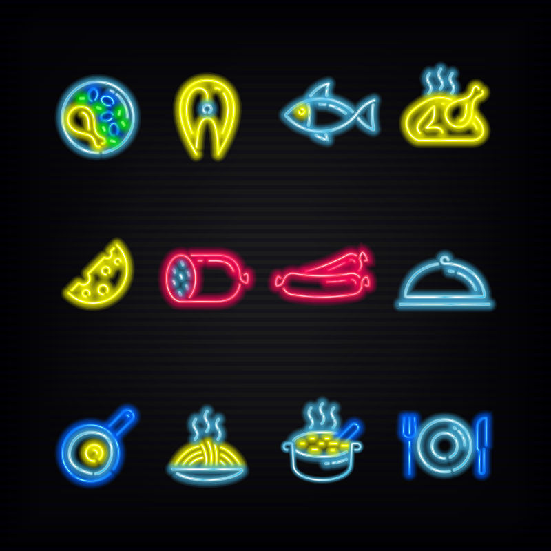 抽象矢量食物的不同霓虹灯图标设计