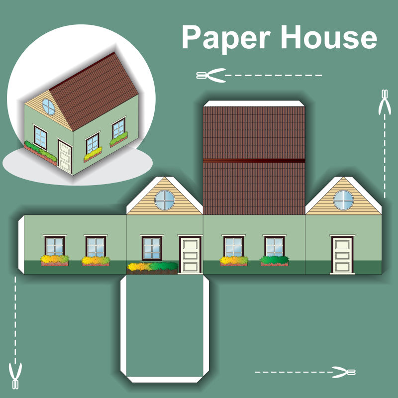 抽象矢量绿色房子折纸示意图设计