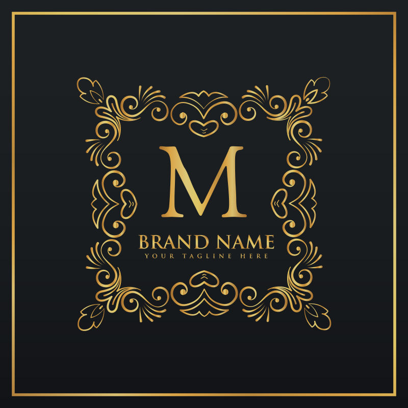 抽象矢量金色花纹装饰的字母m标志设计