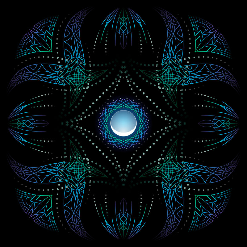 装饰角落明亮的迷幻花卉几何装饰框架风格化的小月亮黑色背景使用不透明面膜矢量EPS 10