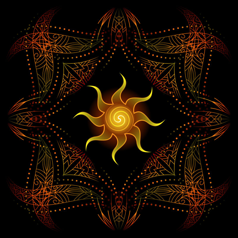装饰角火迷幻花卉几何装饰框架程式化太阳黑色背景矢量