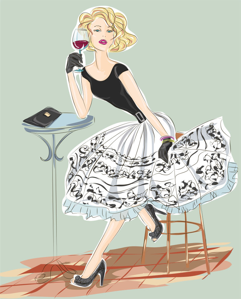 矢量喝红酒的美女