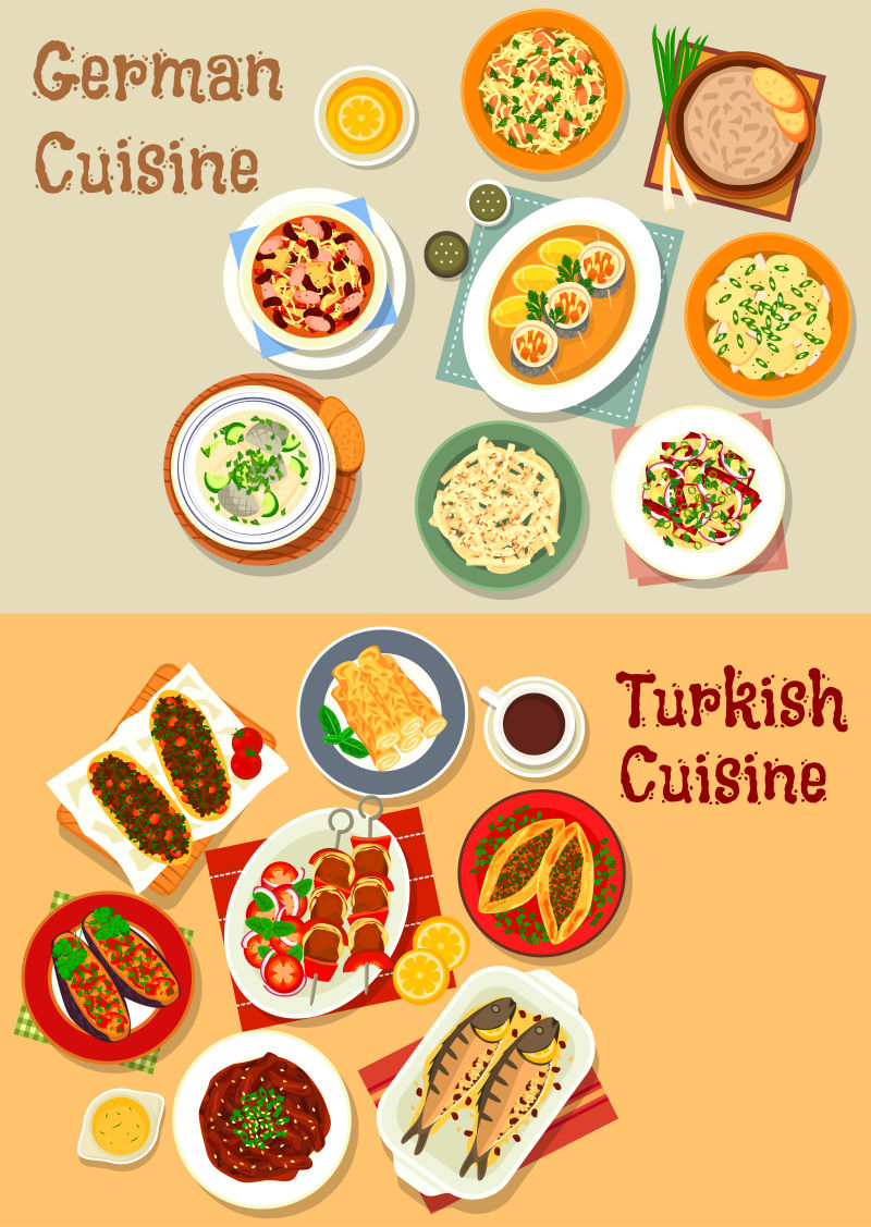 矢量德国与土耳其美食菜肴