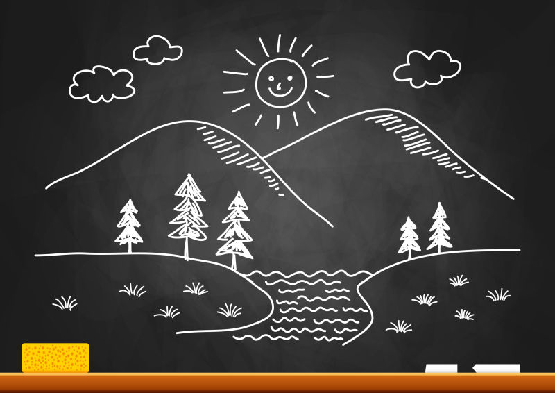 黑板上的风景画矢量插图