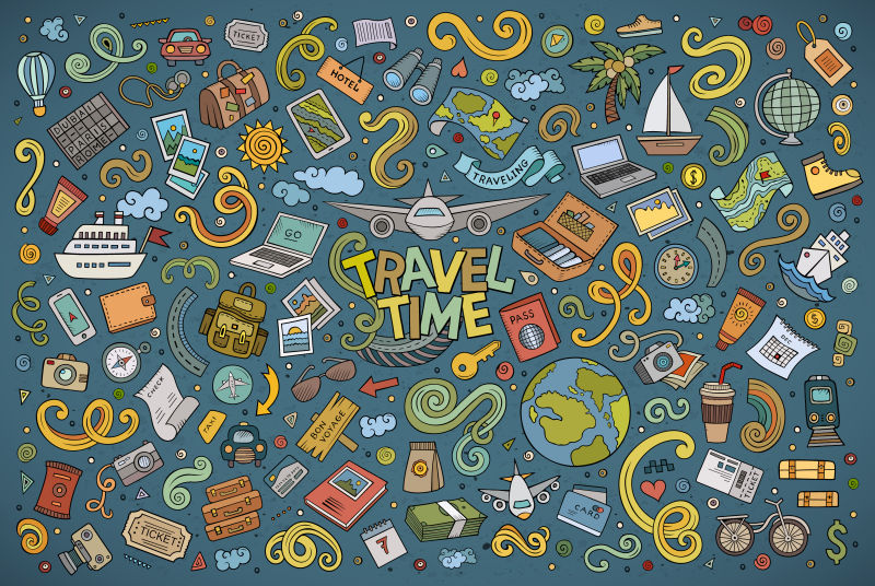 创意矢量现代旅游时光的平面涂鸦插图