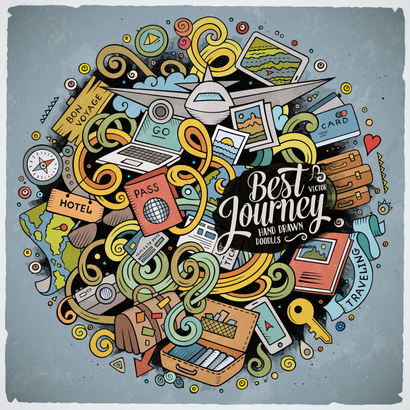创意矢量涂鸦风格的旅游主题插图