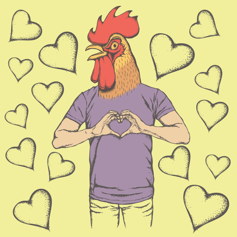 创意矢量现代做心形手势的公鸡插图