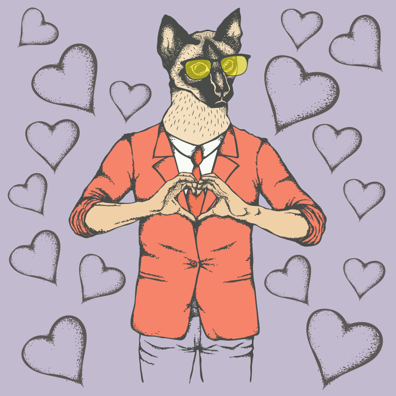 矢量帅气的做心形手势的狗插图