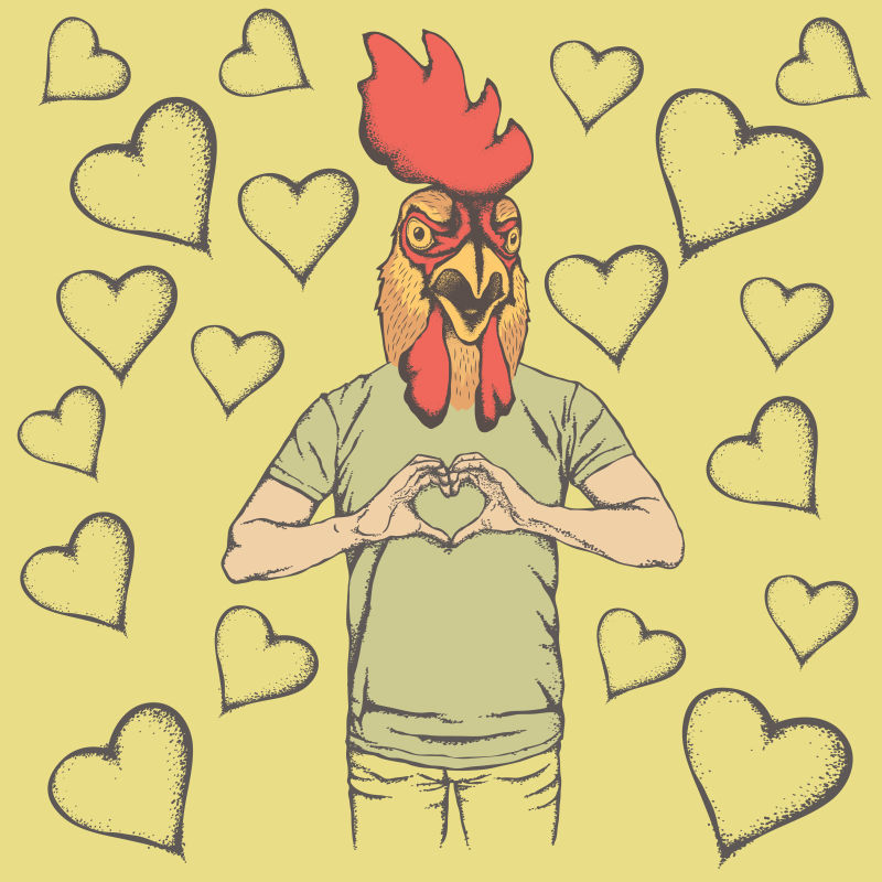 创意矢量现代做心形手势的公鸡平面插图