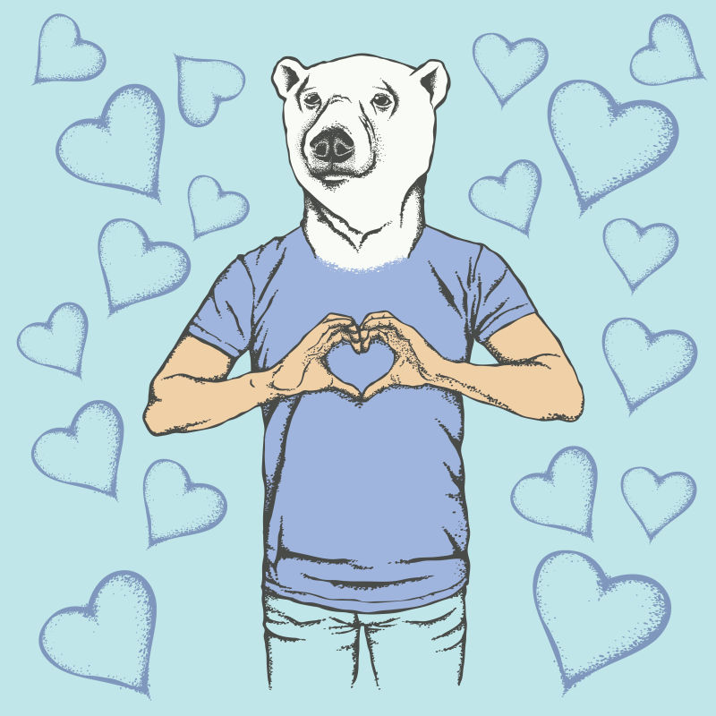 创意矢量现代做心形手势的北极熊设计插图