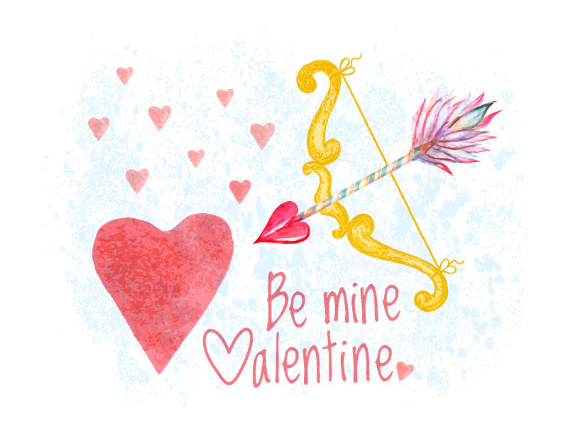 水彩心形弓箭矢量插图