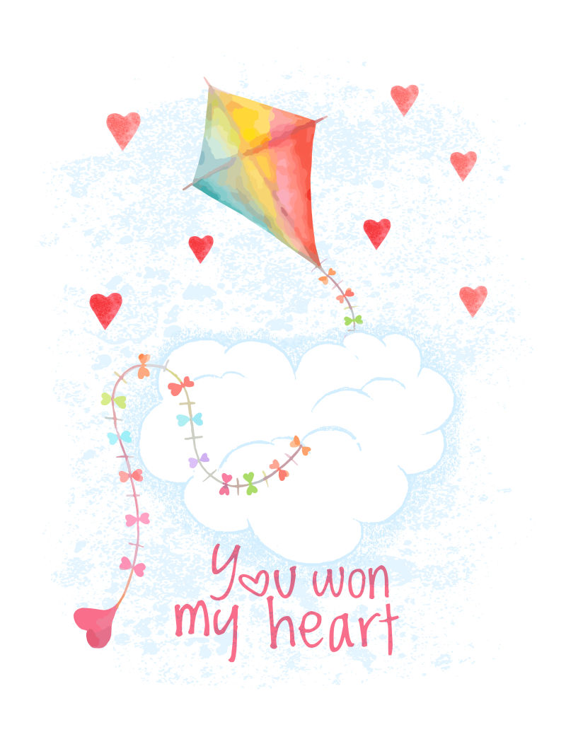 情人节水彩风筝矢量插图